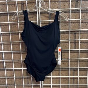 Danz N Motion-black leotard with mesh detailing & wide straps. Low V cut on back